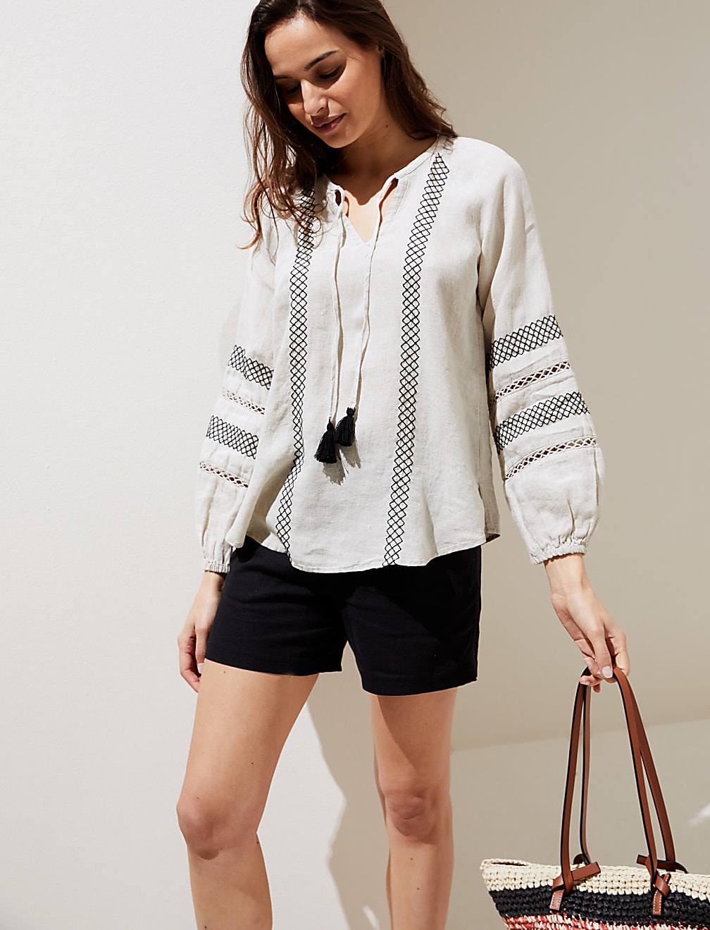 Pure Linen Embroidered Tie Neck Blouse