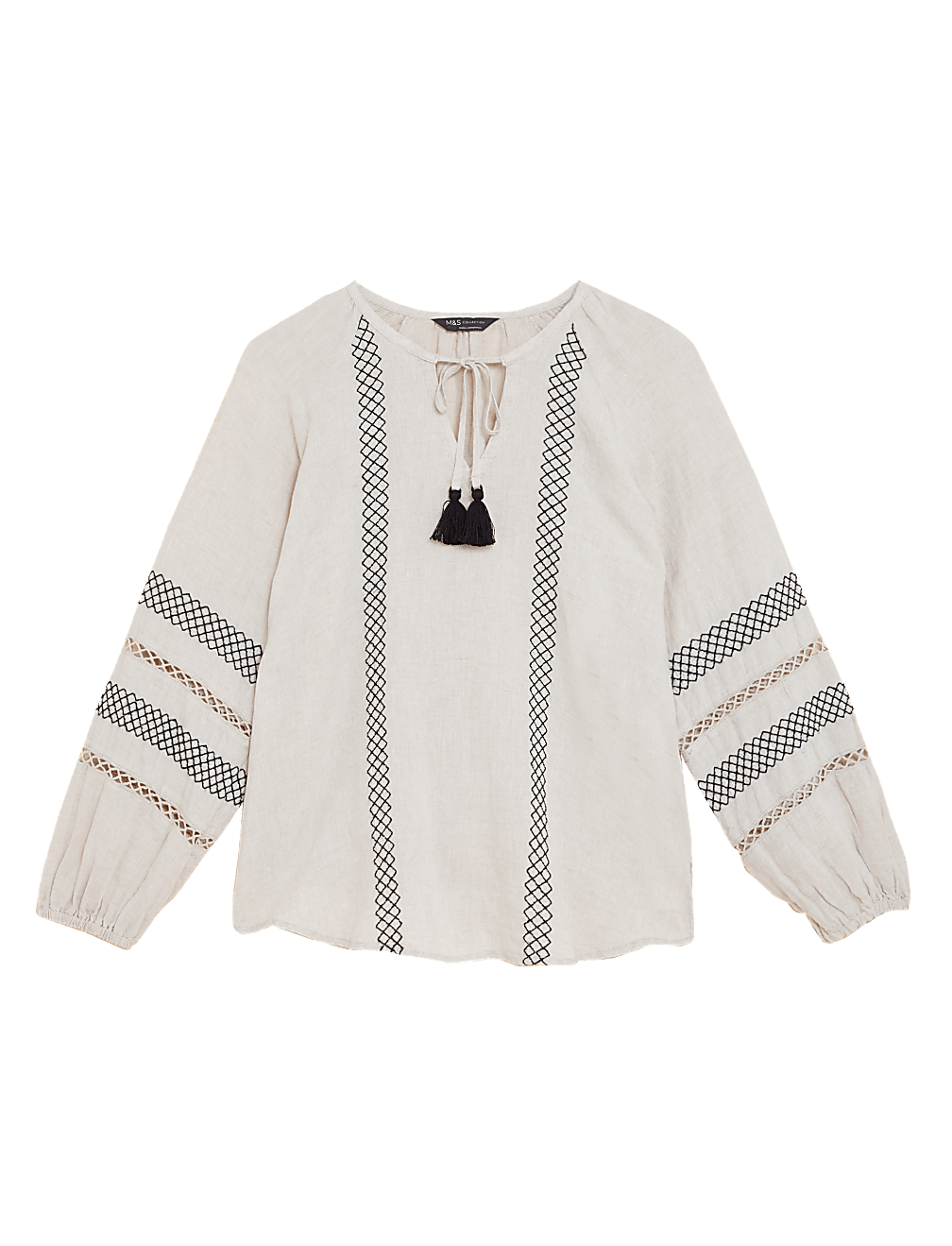 Pure Linen Embroidered Tie Neck Blouse