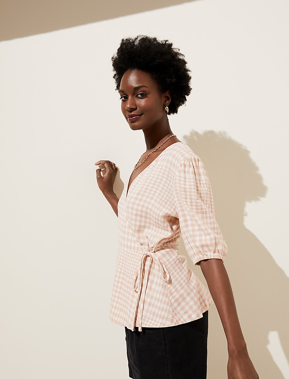 Linen Rich Checked Short Sleeve Blouse
