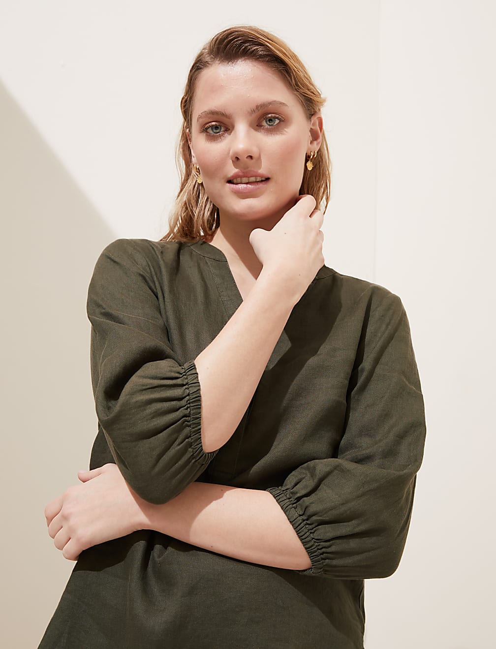 Pure Linen Collarless 3/4 Sleeve Blouse