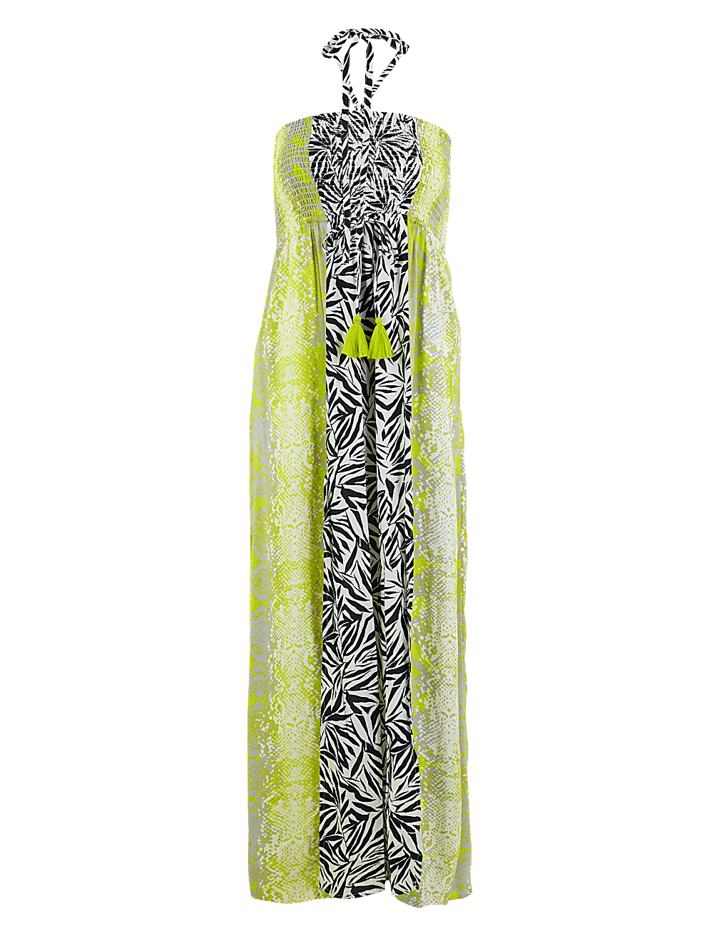 Snake & Leaf Print Shirred Maxi Beach Dress