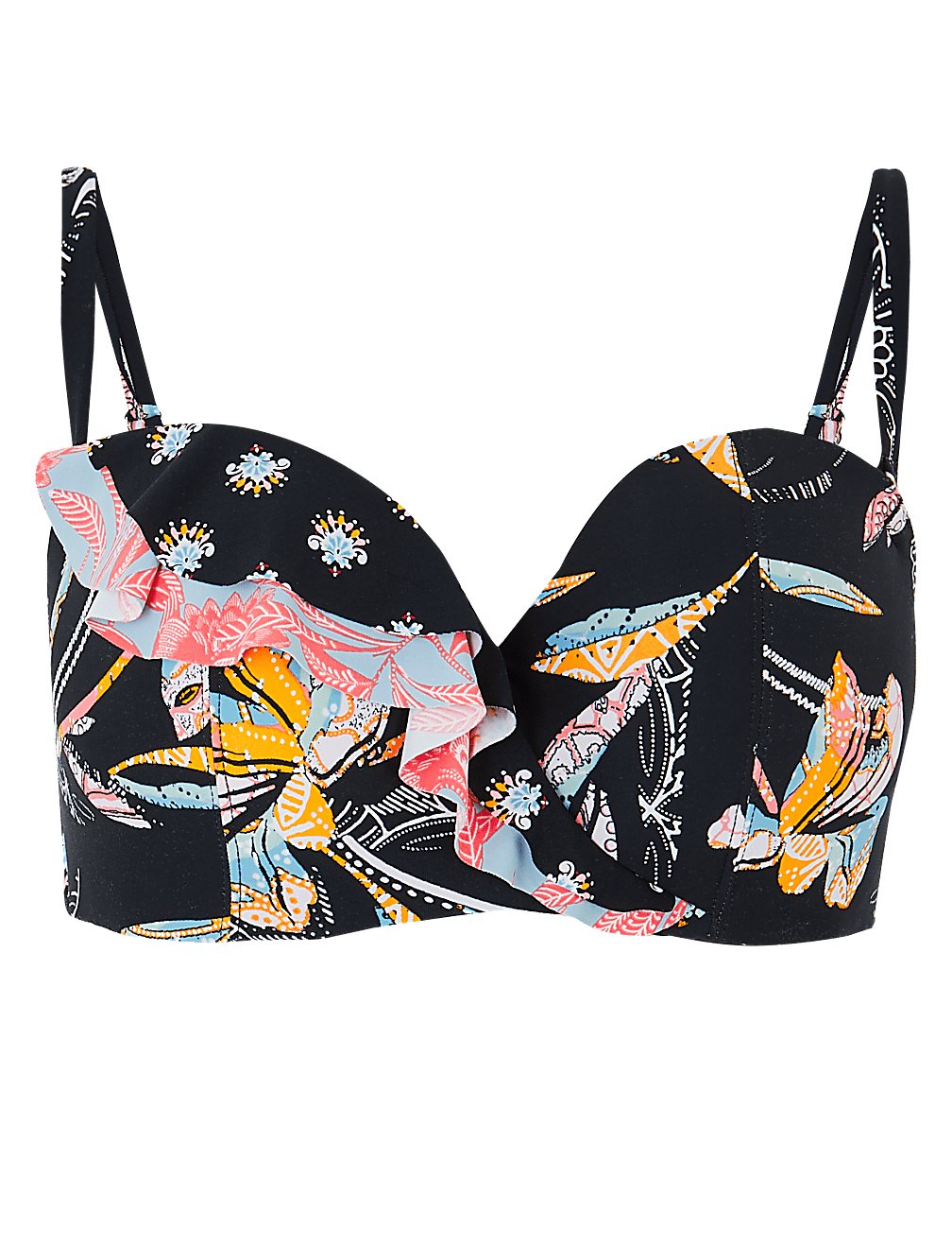 Printed Ruffle Padded Bandeau Bikini Top