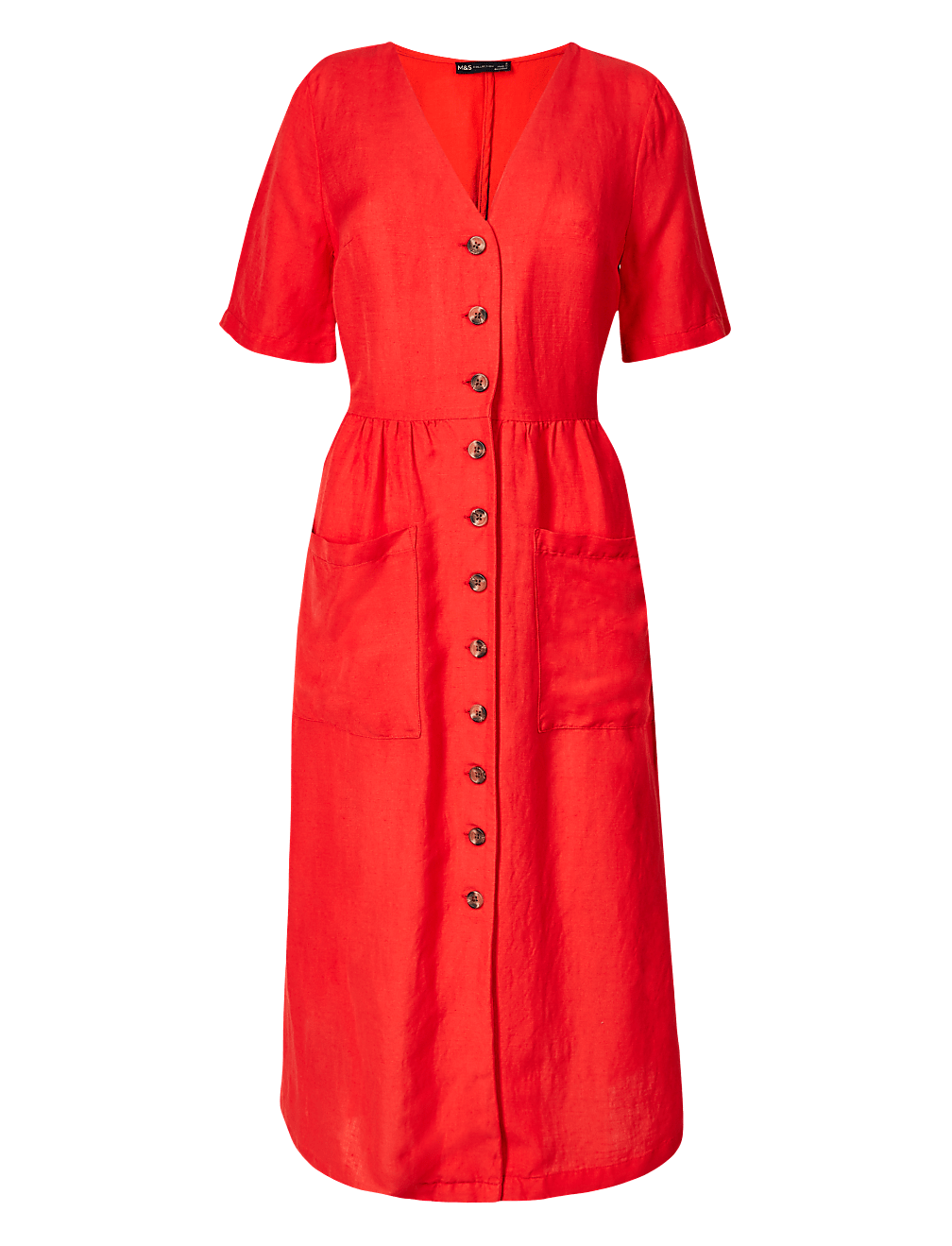 Linen Blend Button Front Waisted Midi Dress