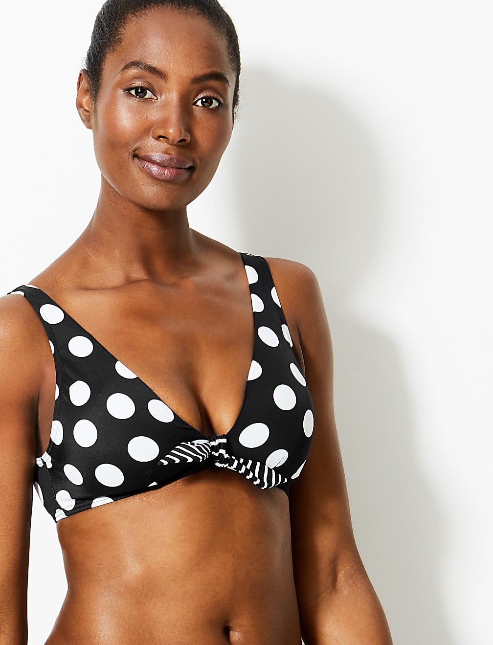 Spot Print Front Tie Plunge Bikini Top