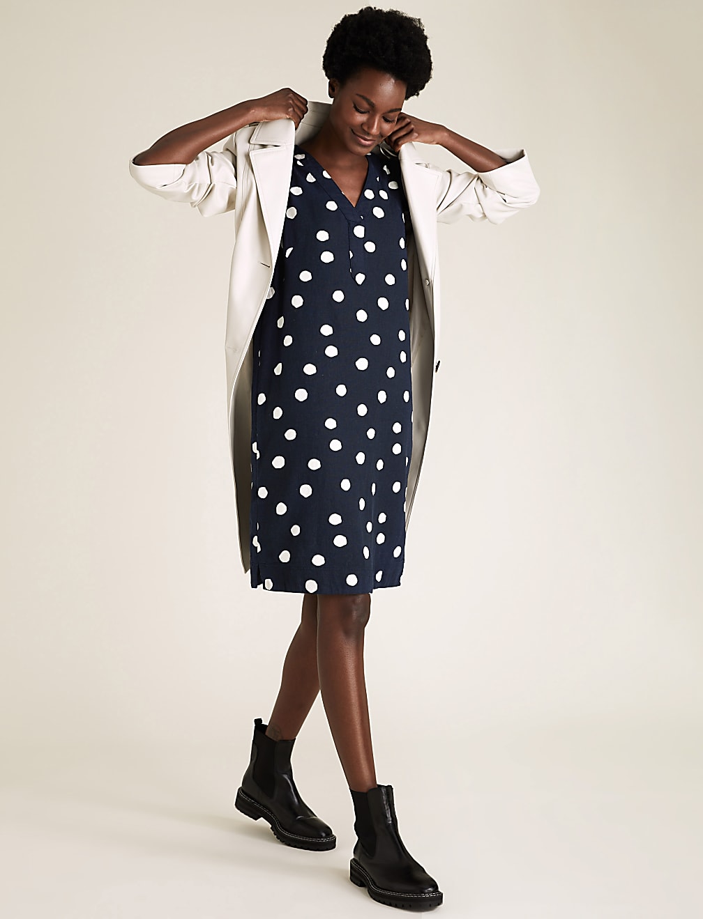 Linen Blend Polka Dot Shift Dress