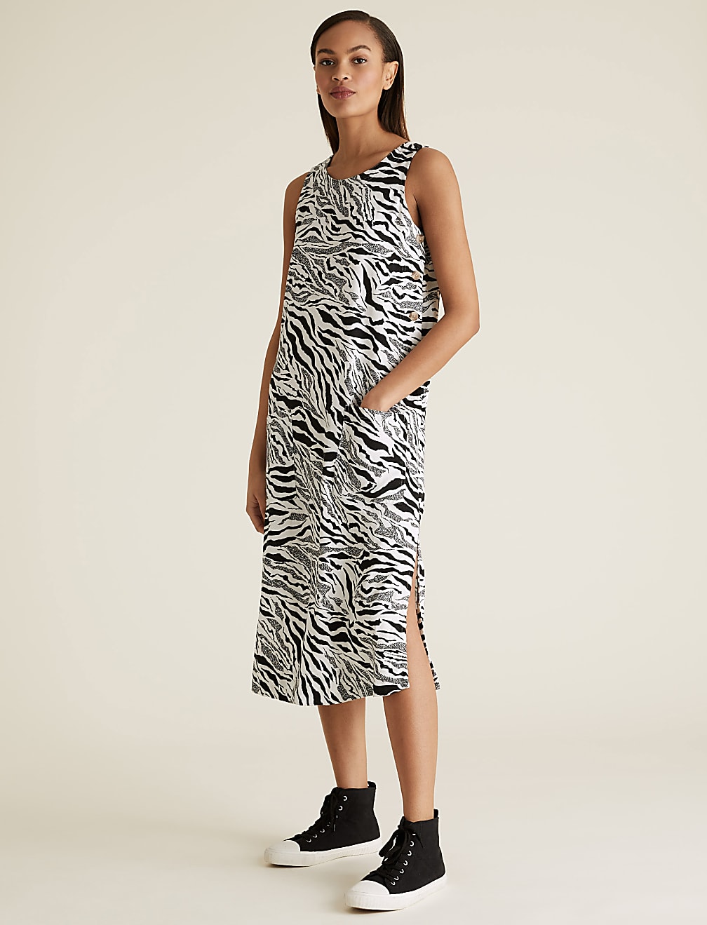 Linen Animal Print Midi Shift Dress