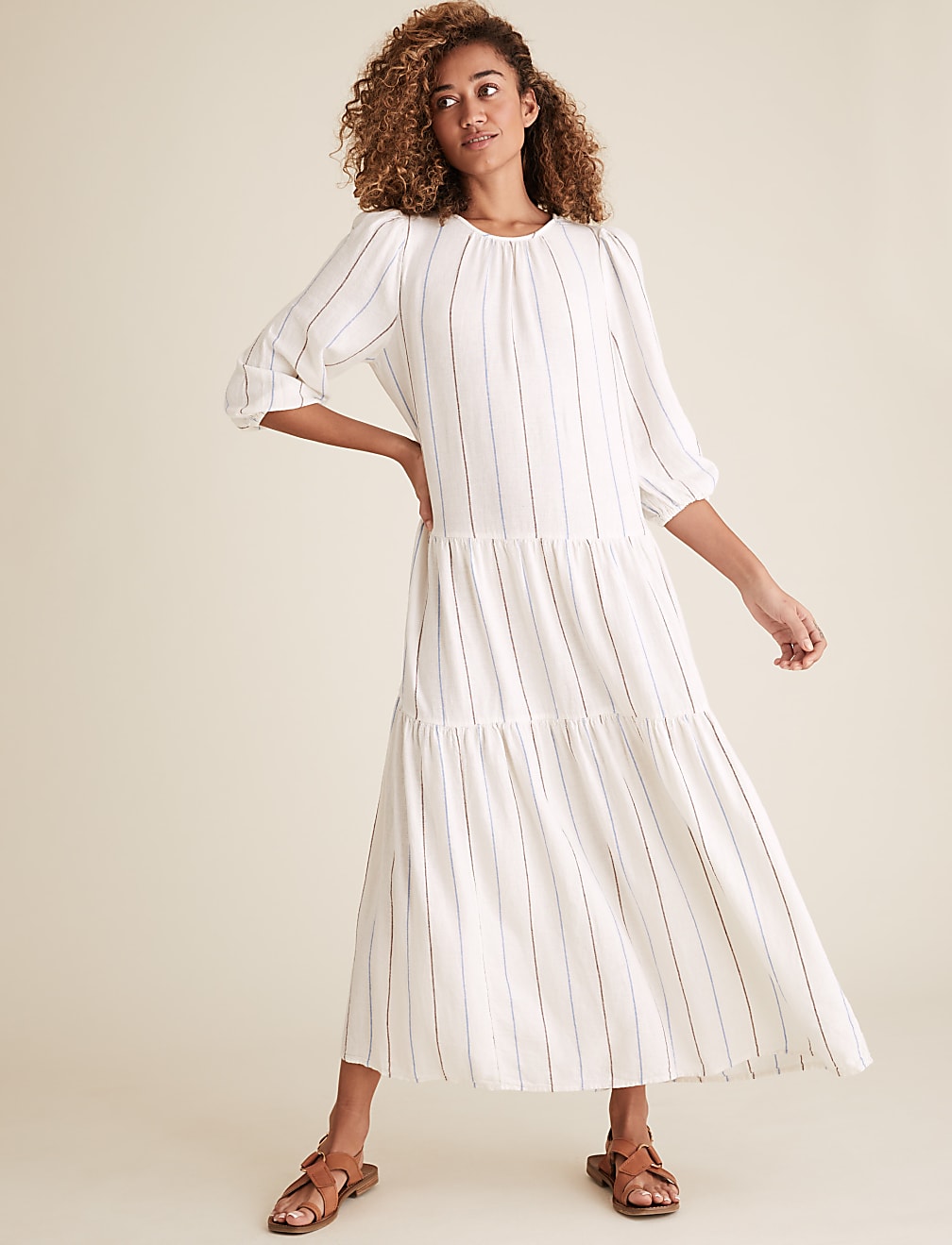 Linen Striped Midaxi Tiered Dress