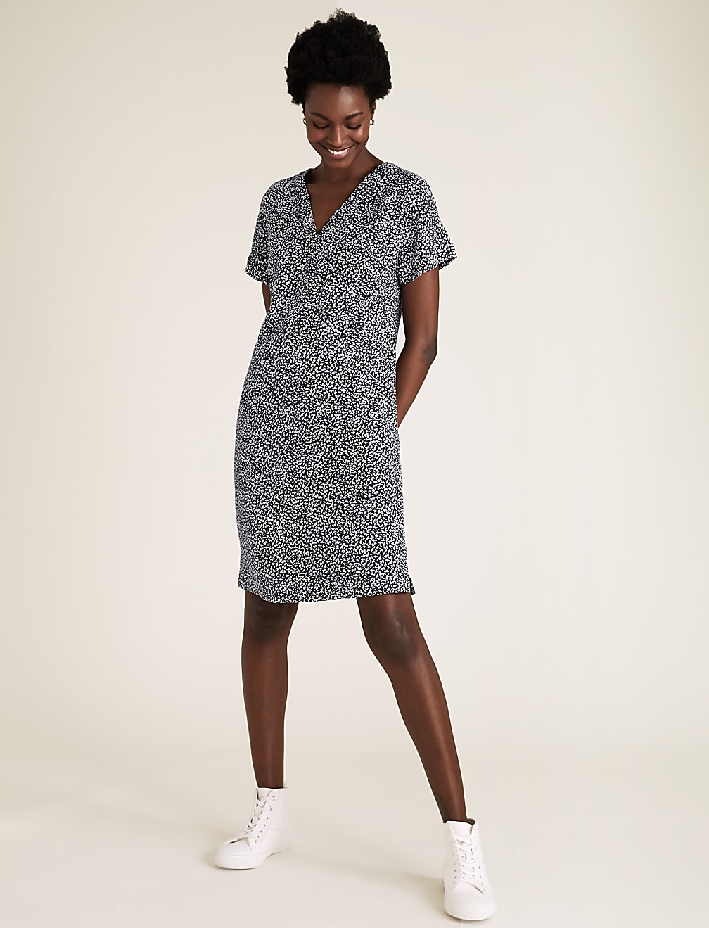 Linen Blend Leaf Print Mini Shift Dress