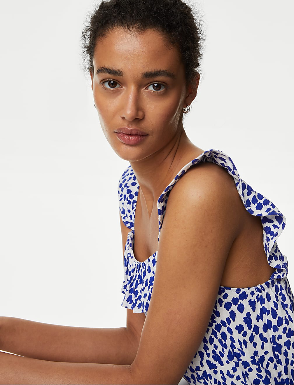 Linen Blend Printed Square Neck Midi Dress