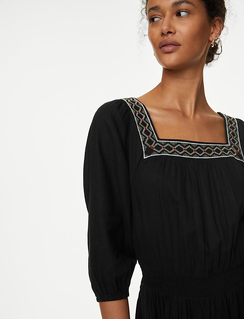 Linen Blend Embroidered Shirred Dress
