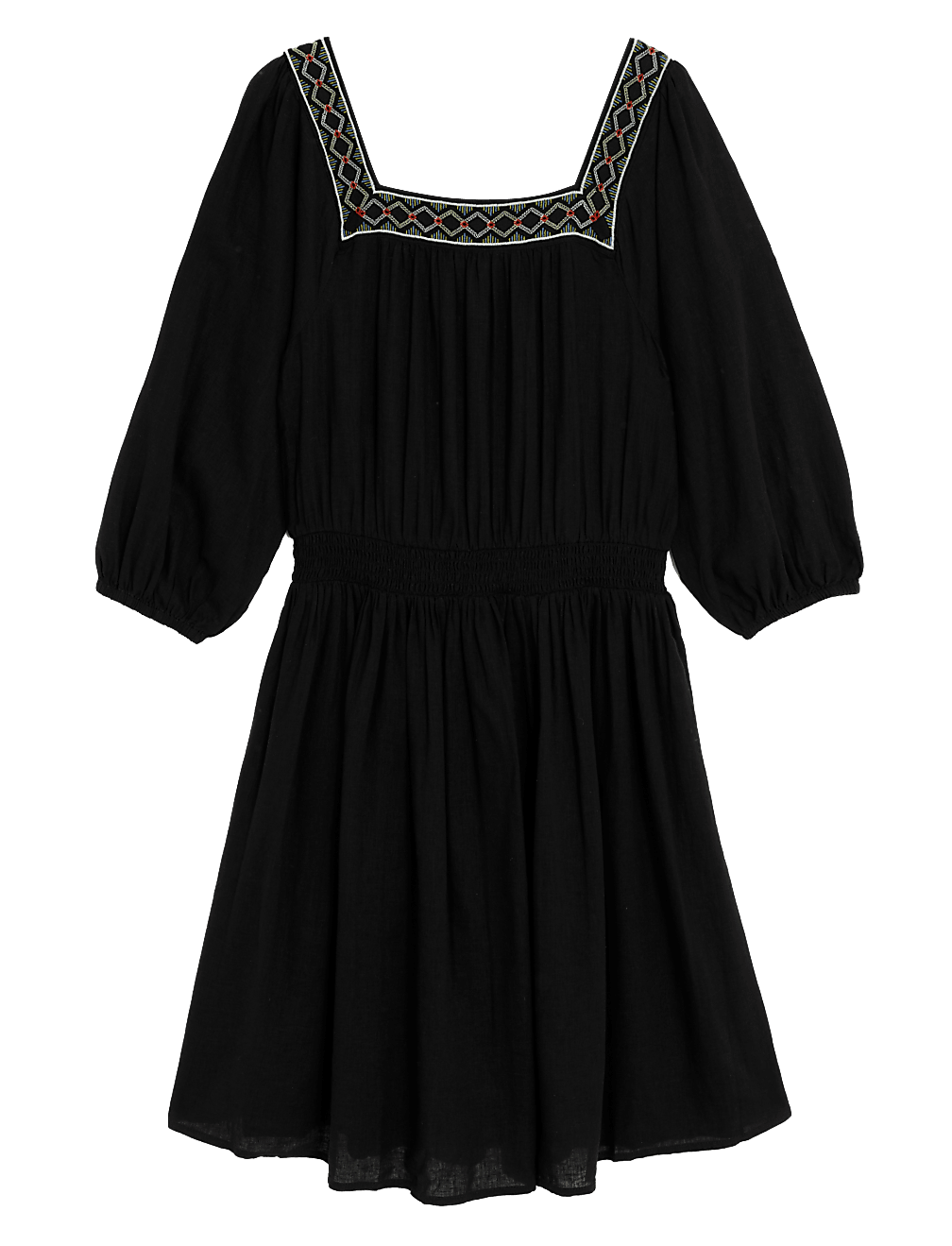 Linen Blend Embroidered Shirred Dress