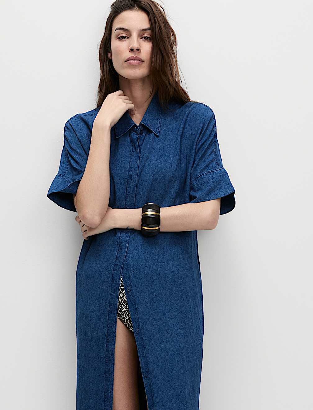 Linen Rich Collared Midi Shirt Dress