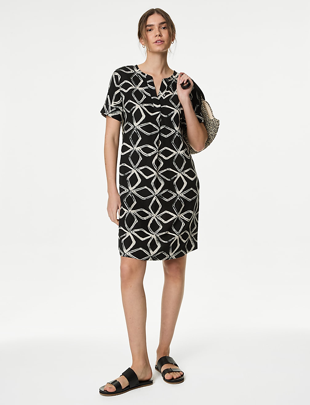 Linen Rich Printed V-Neck Shift Dress