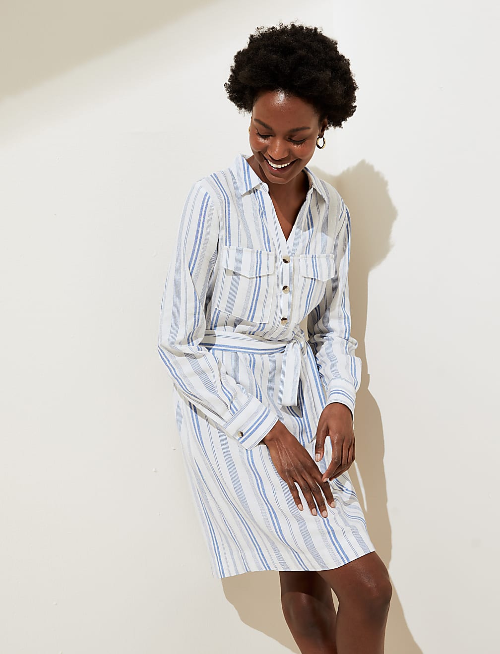 Linen Rich Striped Knee Length Shirt Dress
