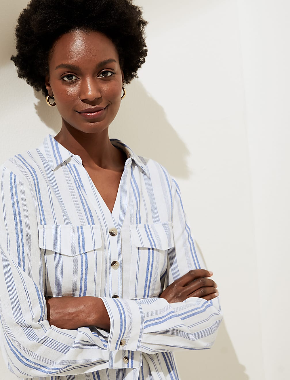 Linen Rich Striped Knee Length Shirt Dress
