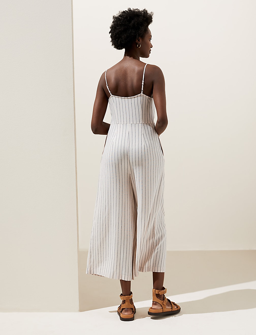 Linen Rich Striped Square Neck Jumpsuit