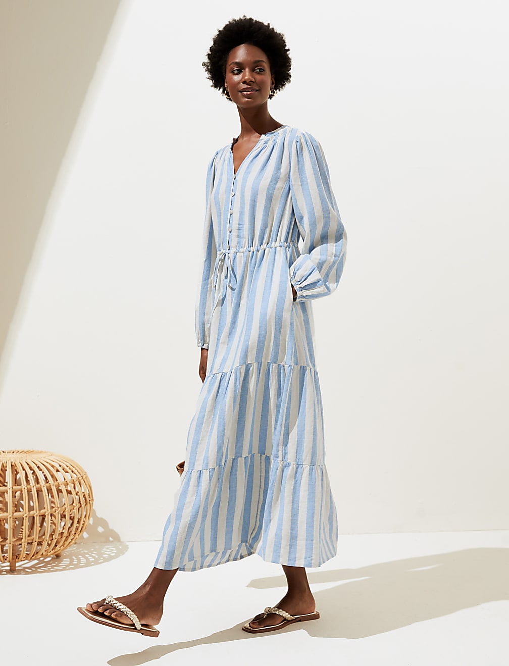 Linen Blend Striped Maxi Tiered Dress
