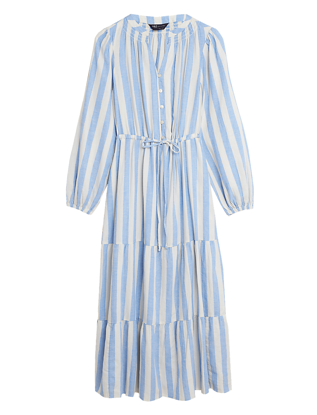 Linen Blend Striped Maxi Tiered Dress