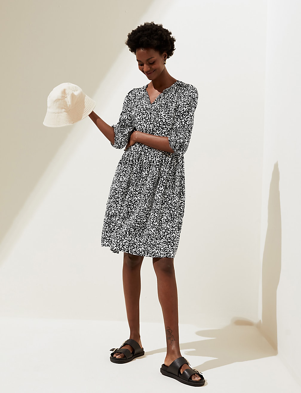 Linen Blend Printed Mini Tiered Dress