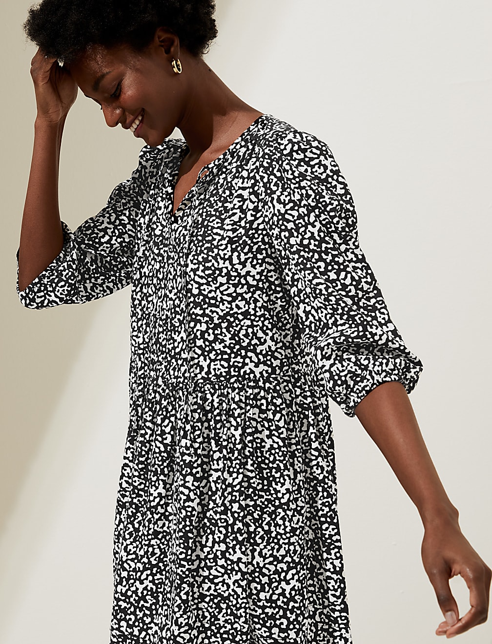 Linen Blend Printed Mini Tiered Dress