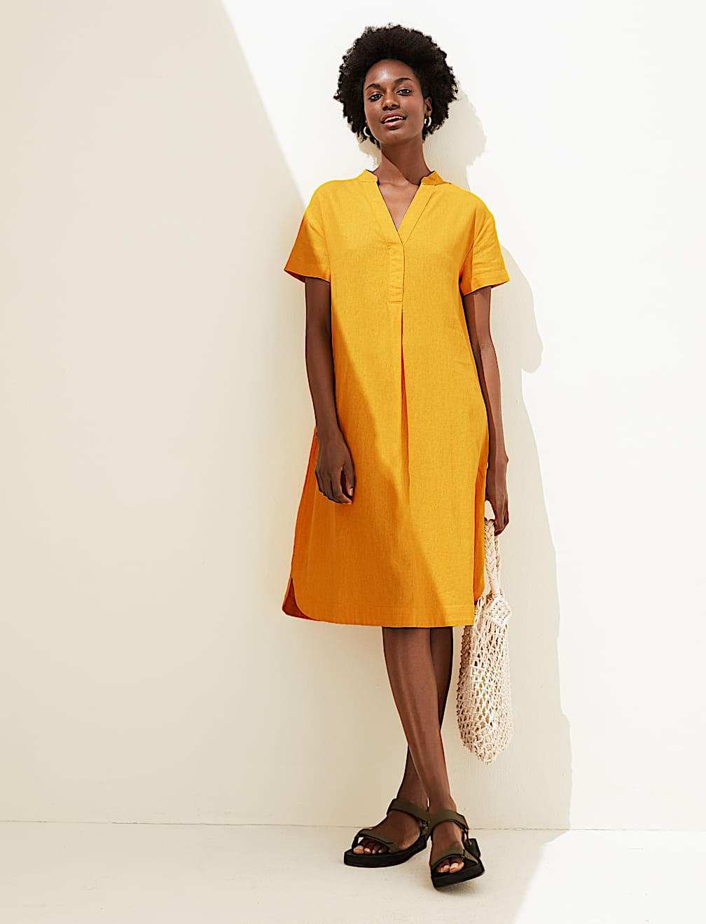 Linen Rich V-Neck Short Sleeve Shift Dress
