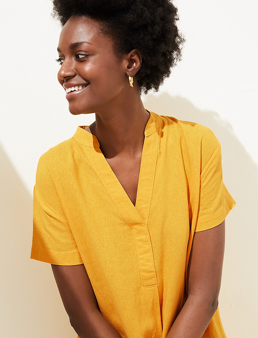 Linen Rich V-Neck Short Sleeve Shift Dress