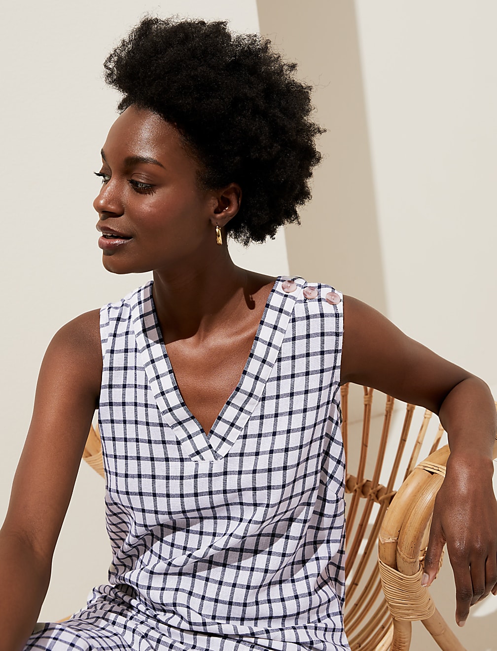 Linen Blend Checked V-Neck Midi Shift Dress