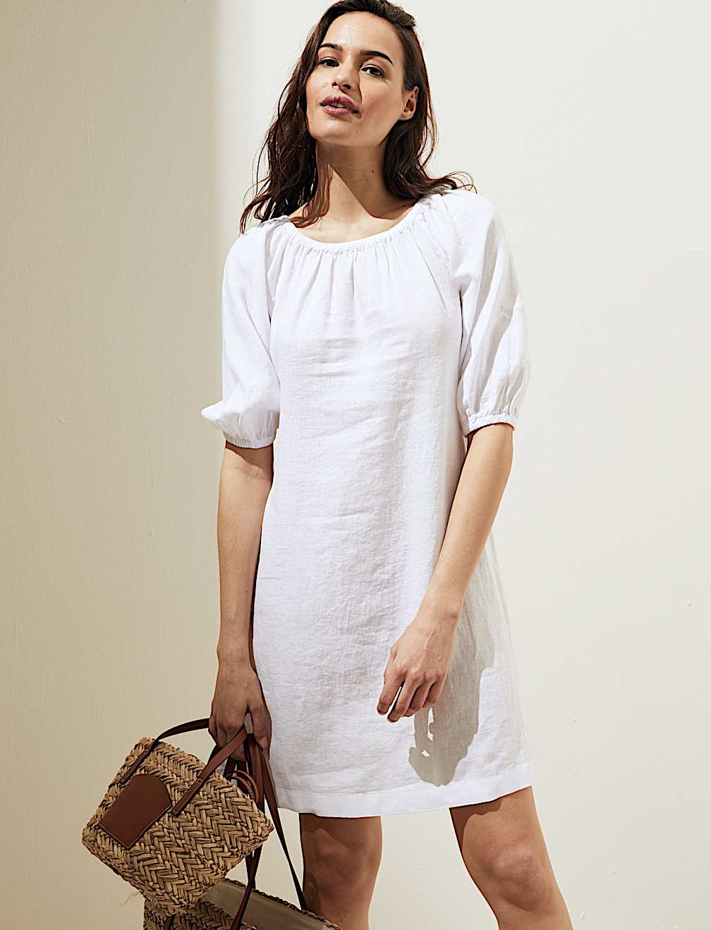 Pure Linen Bardot Short Sleeve Midi Dress