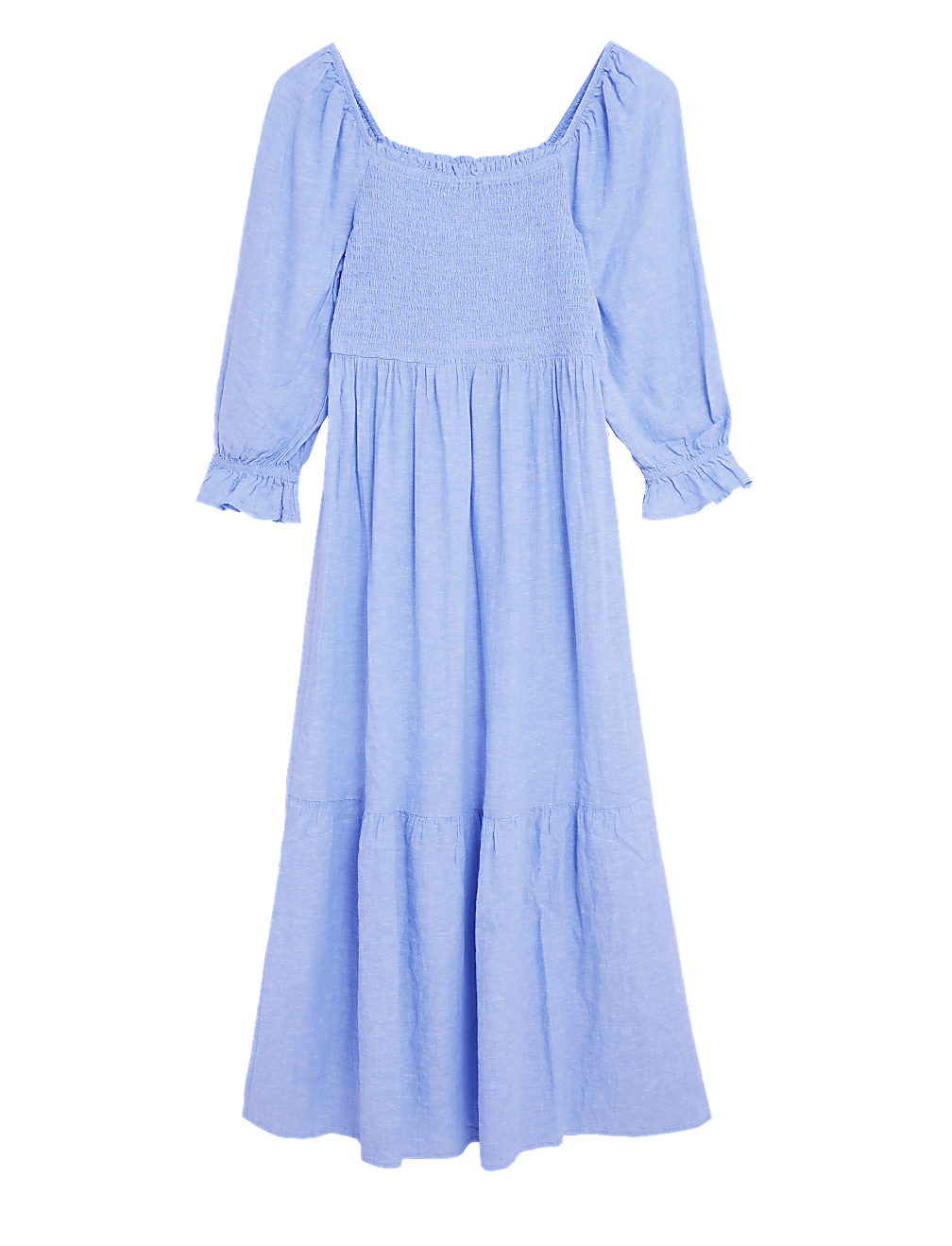Linen Blend Shirred Midi Smock Dress