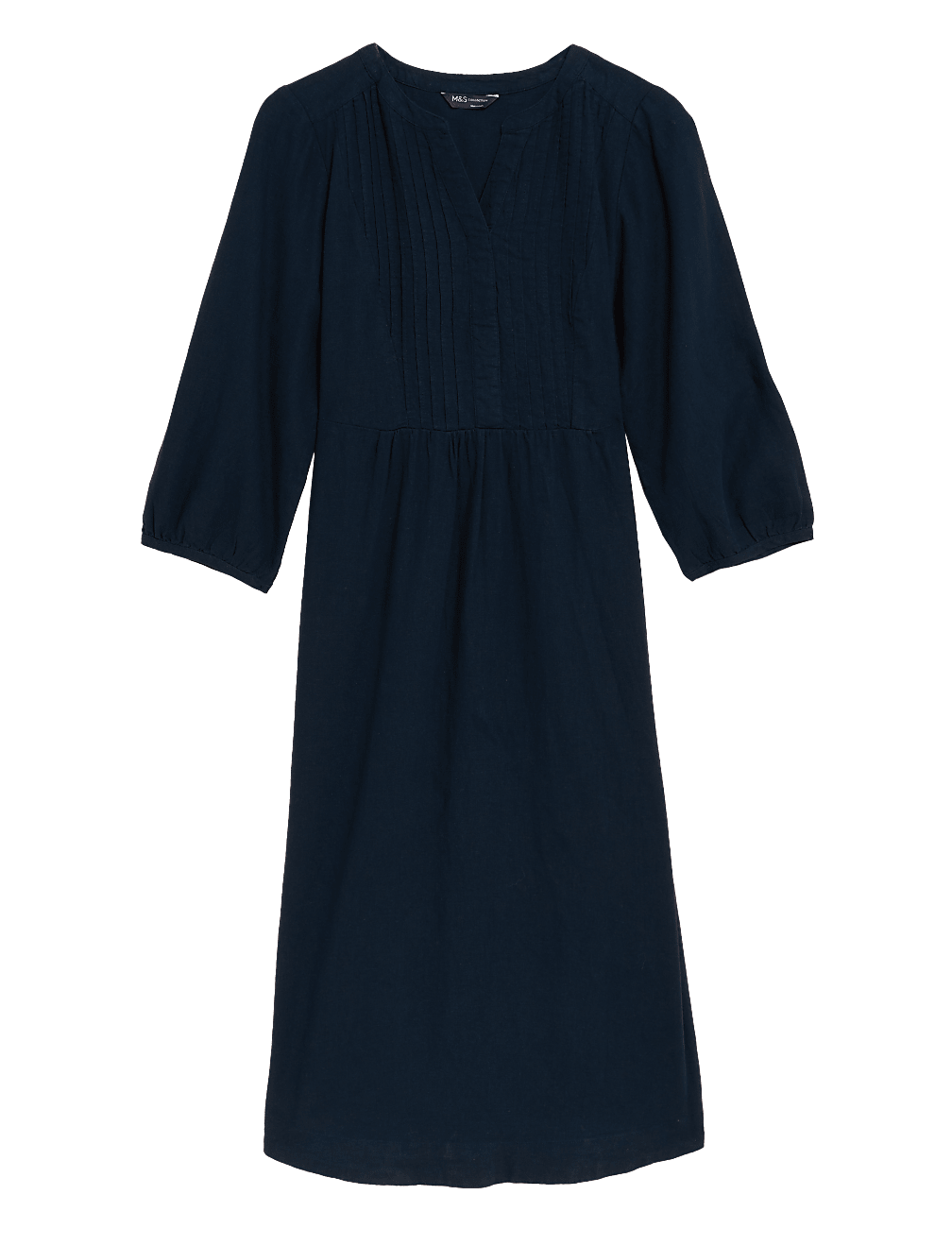 Linen Blend V-Neck Midi Waisted Dress