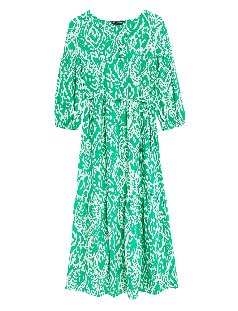 Linen Blend Printed V-Neck Midi Dress