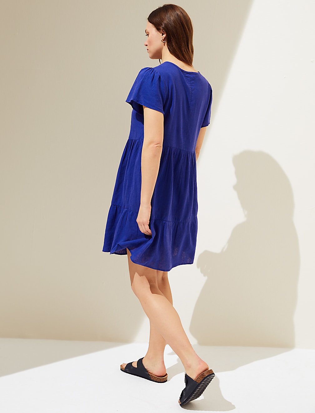 Linen Blend Tie Neck Mini Tiered Dress