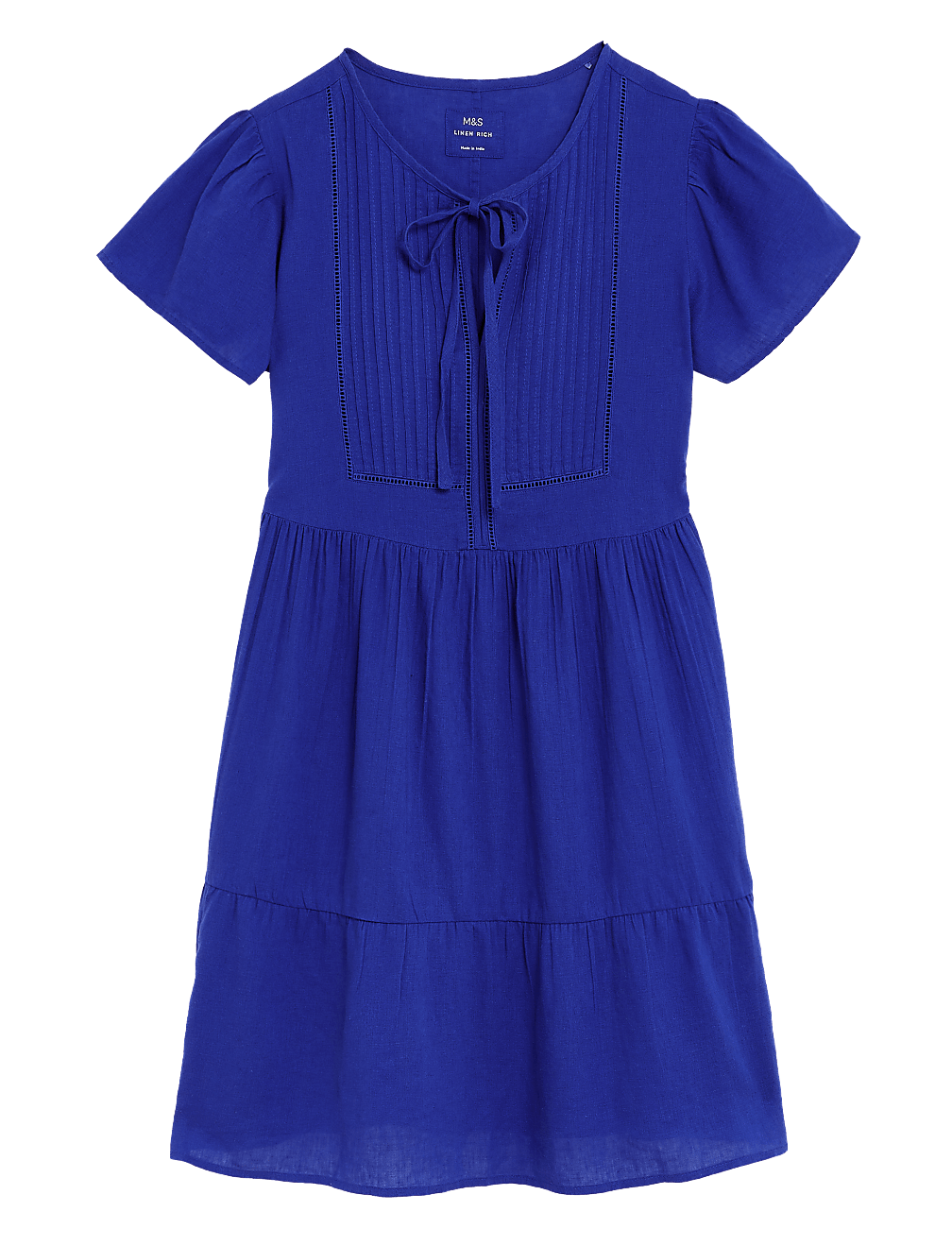 Linen Blend Tie Neck Mini Tiered Dress