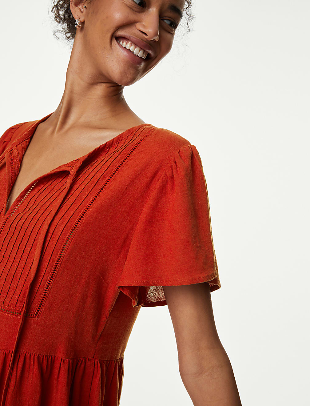 Linen Blend Tie Neck Mini Tiered Dress