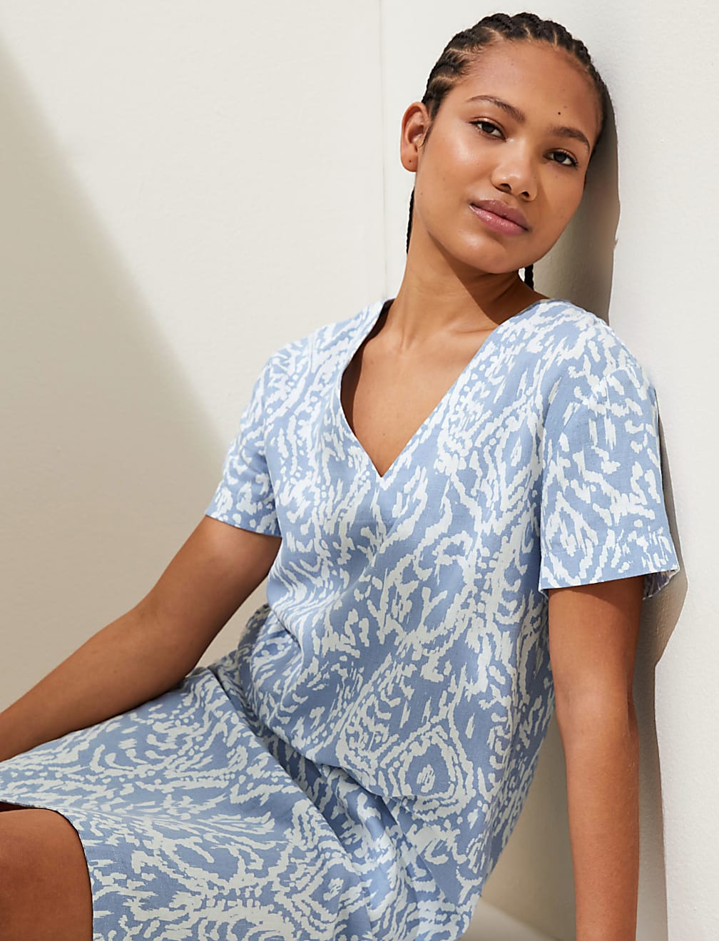 Linen Rich Printed V-Neck Midi Shift Dress