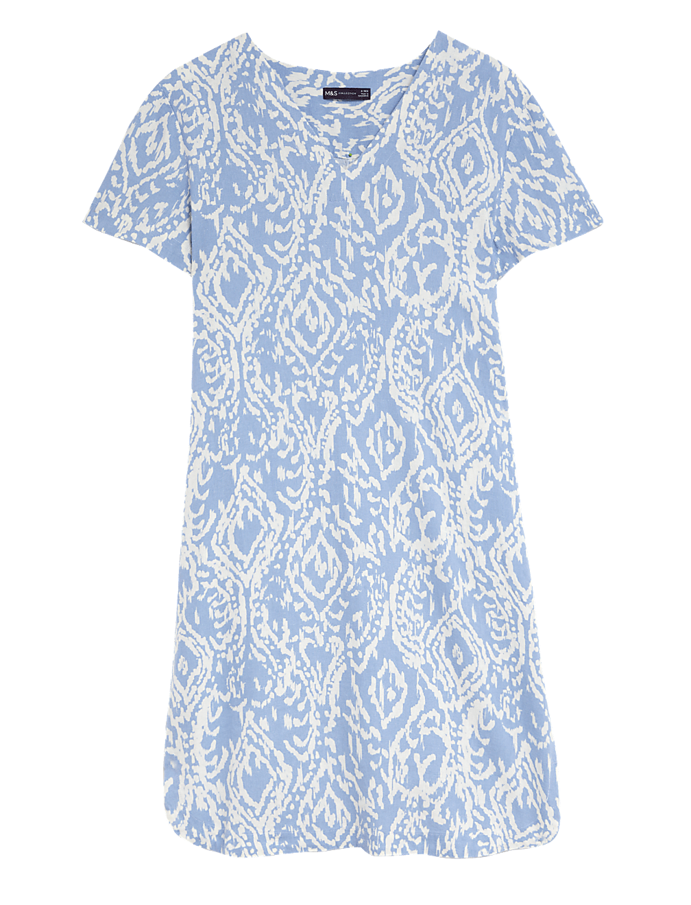 Linen Rich Printed V-Neck Midi Shift Dress