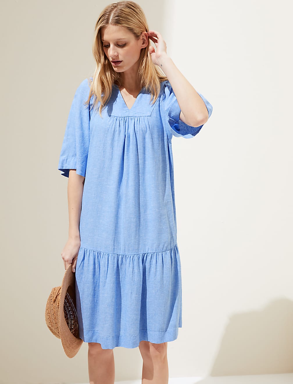 Linen Blend V-Neck Knee Length Tiered Dress