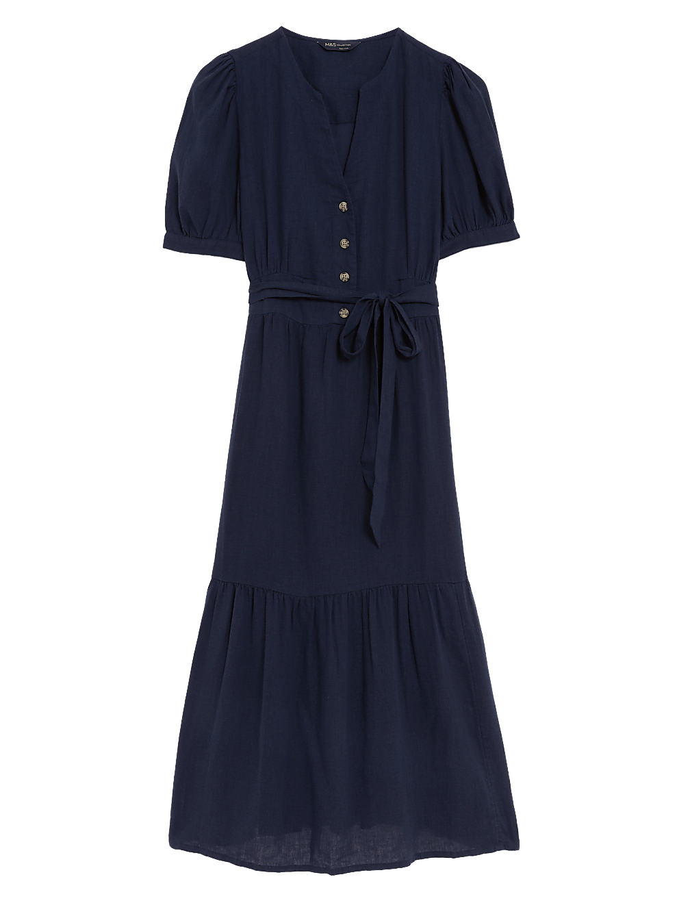 Linen Blend V-Neck Tie Waist Midi Tea Dress