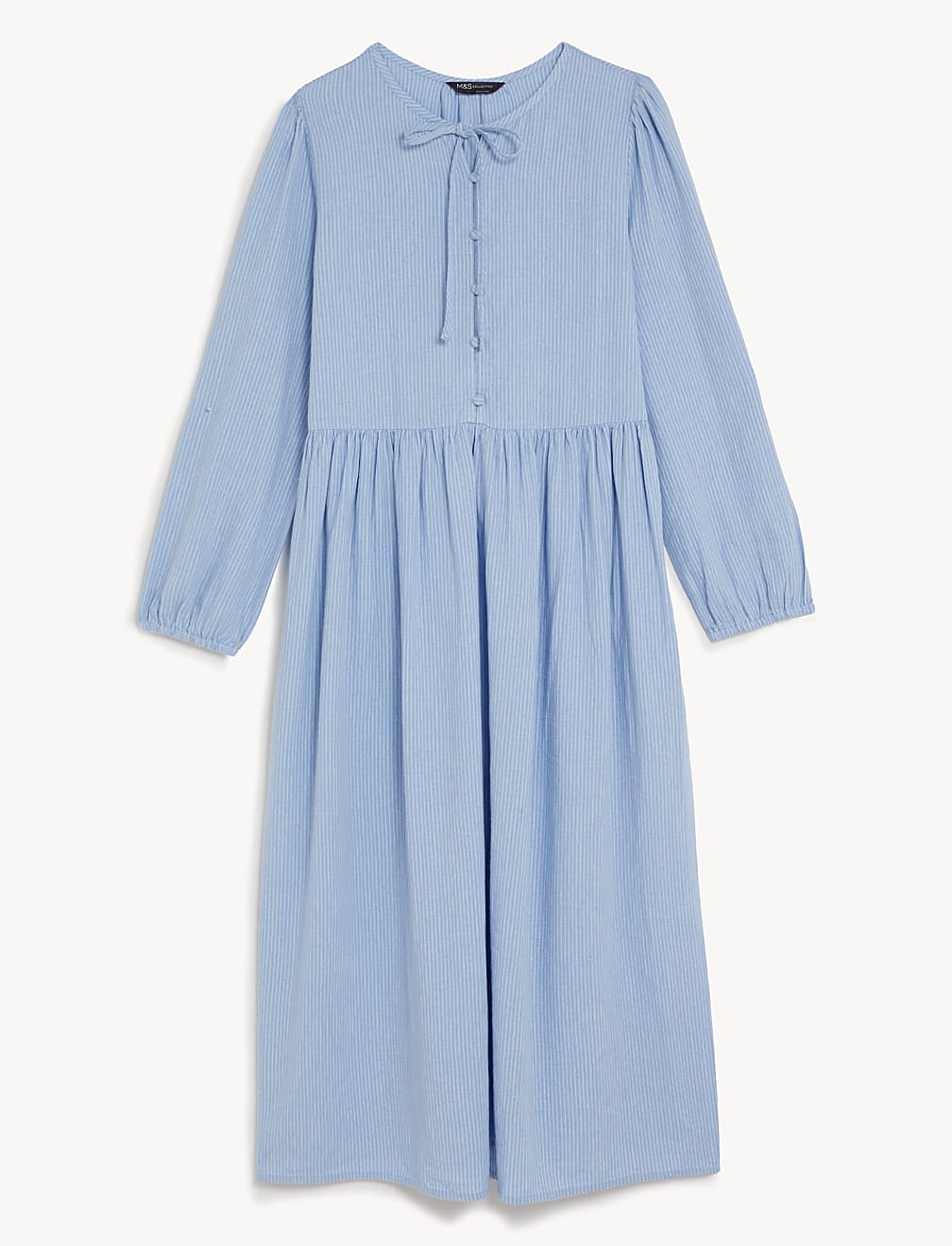 Linen Rich Tie Neck Midi Waisted Dress