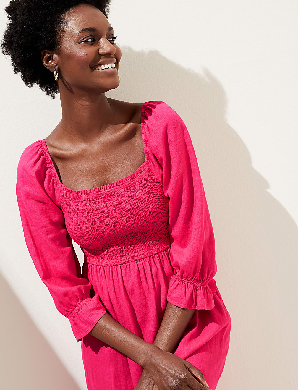 Linen Blend Square Neck Shirred Midi Dress