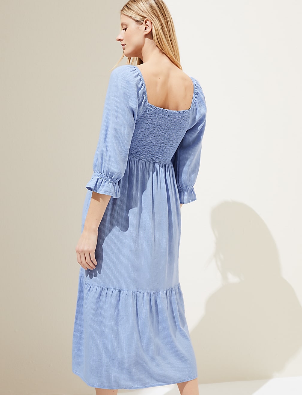 Linen Blend Striped Square Neck Midi Dress