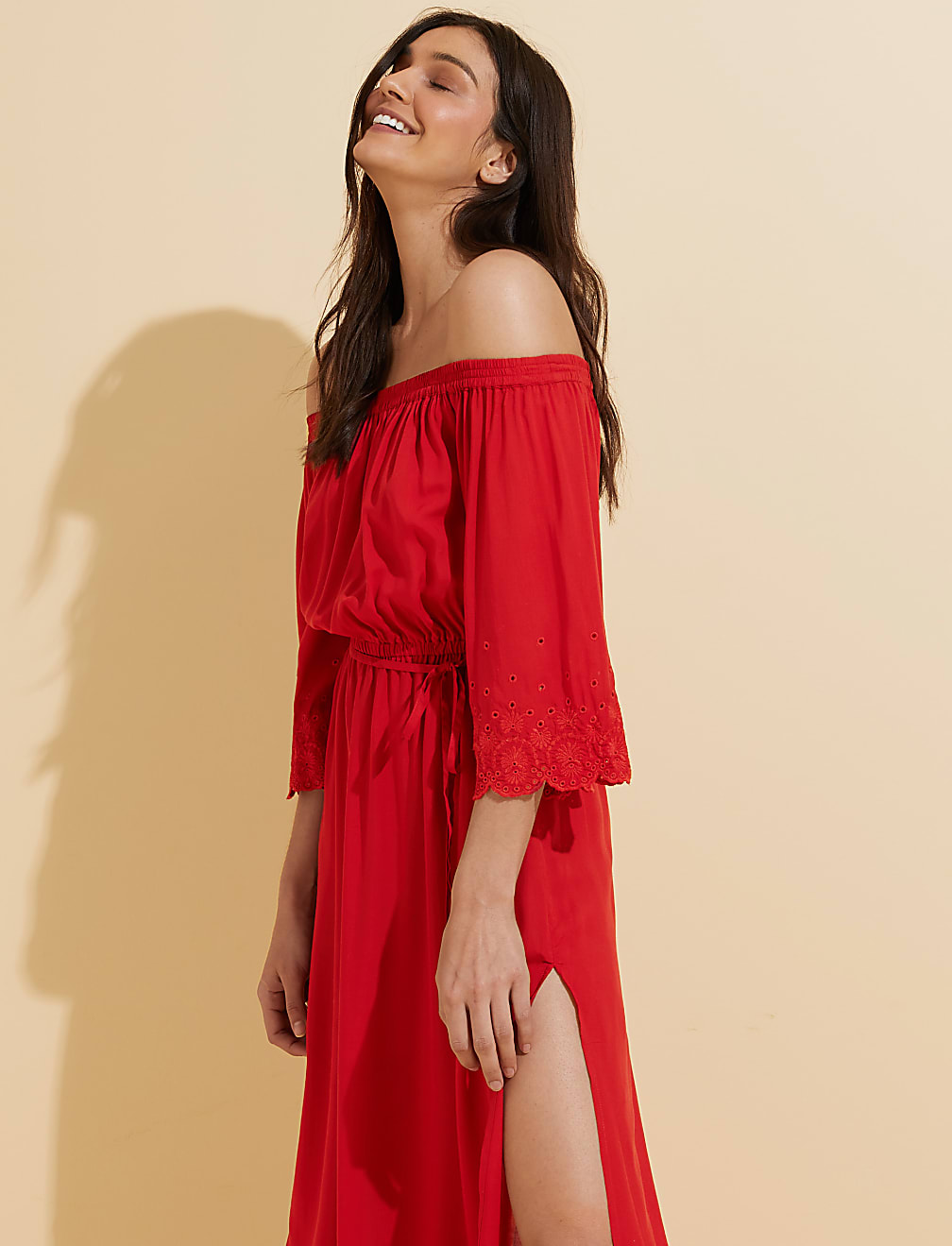 Embroidered Bardot Maxi Waisted Beach Dress