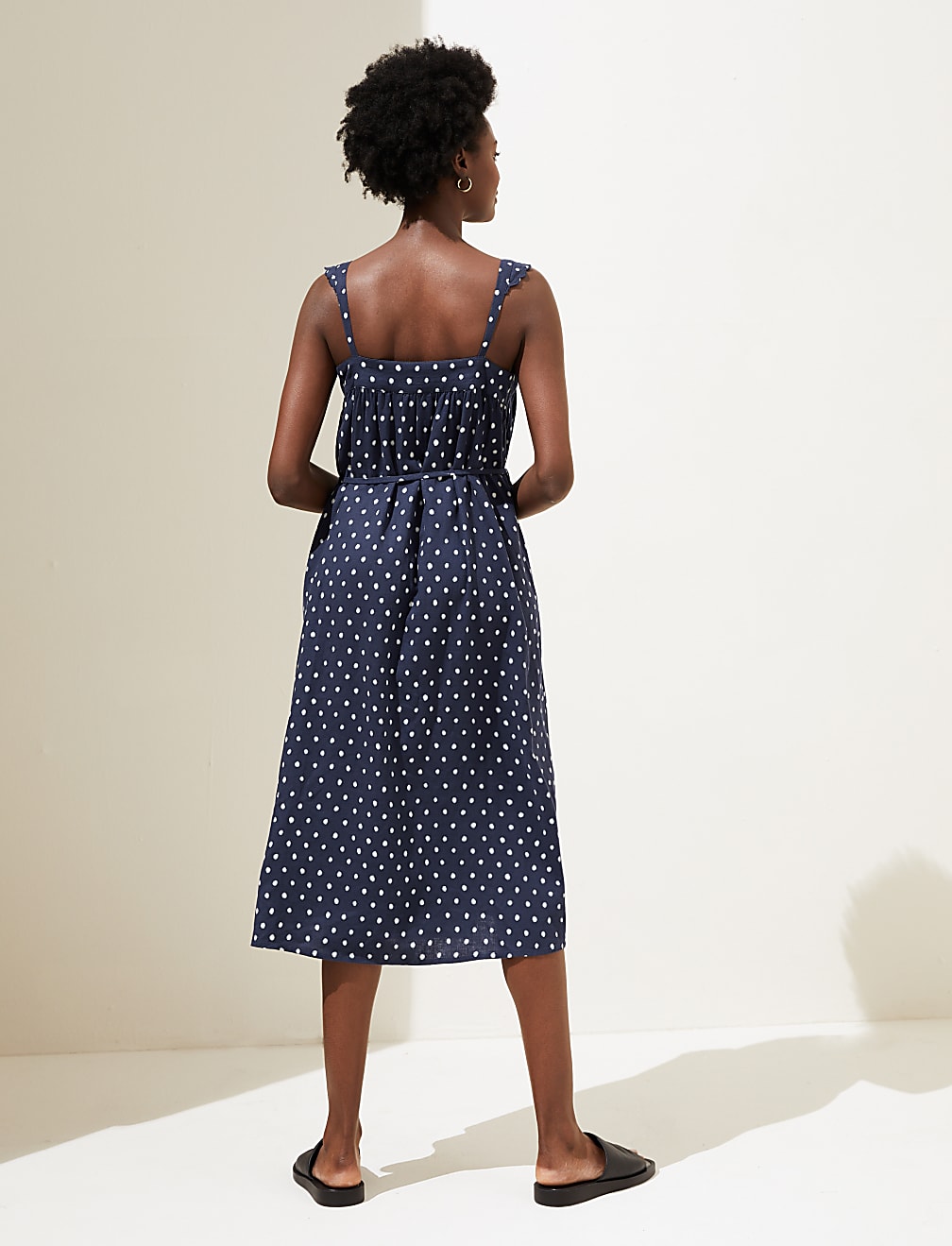 Linen Rich Polka Dot Square Neck Midi Dress