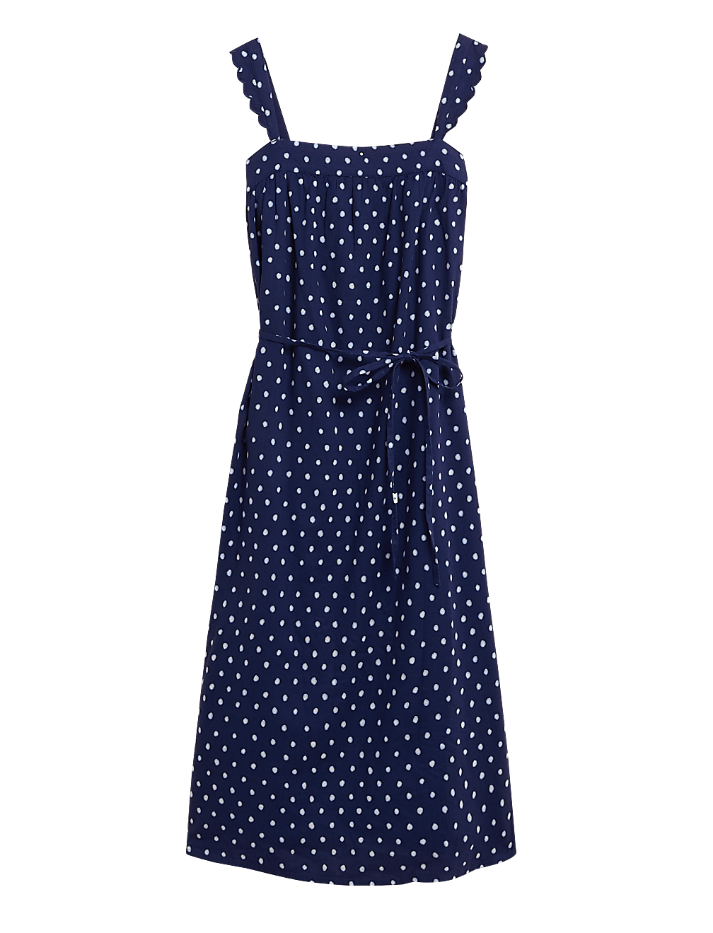 Linen Rich Polka Dot Square Neck Midi Dress