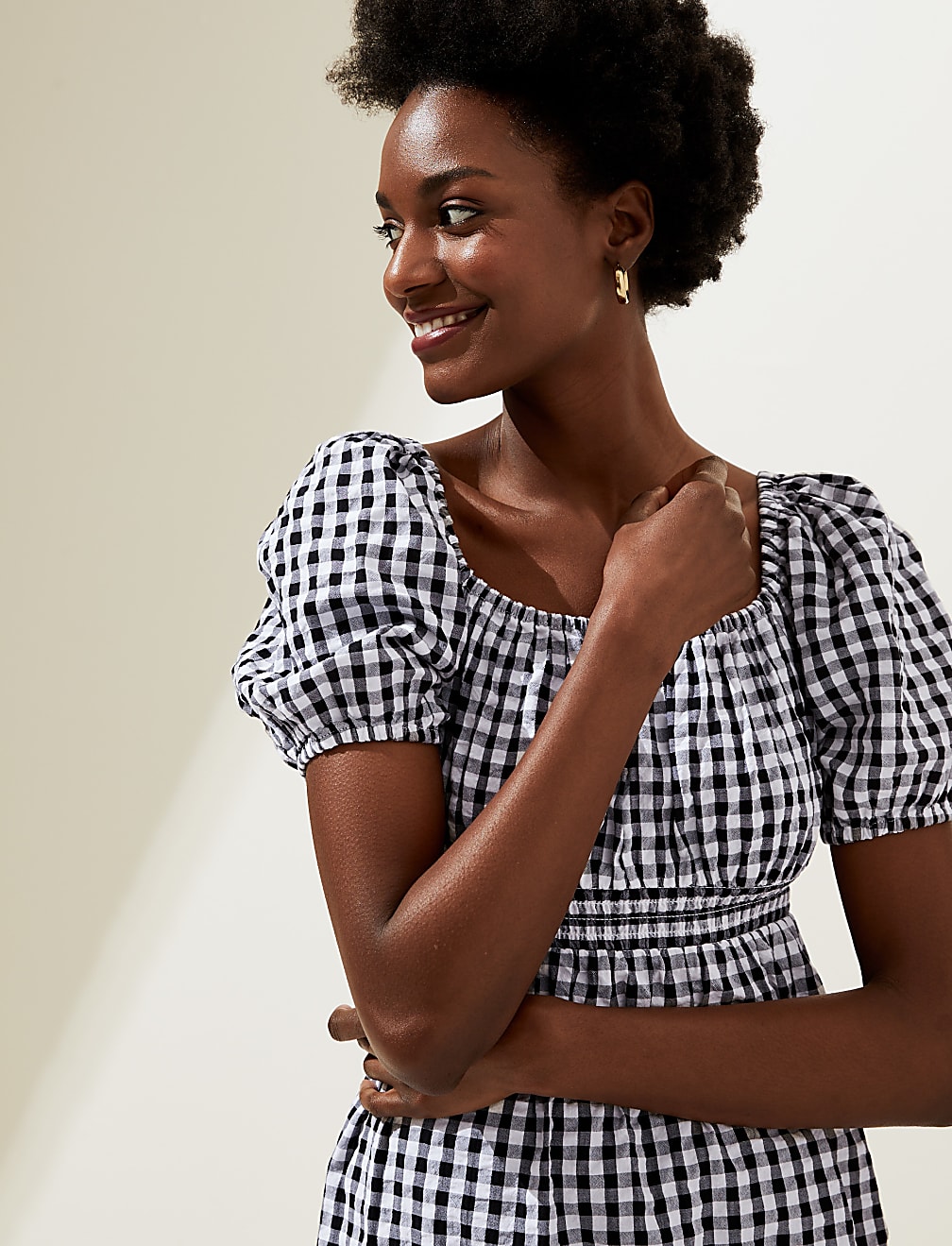 Pure Cotton Gingham Shirred Waisted Dress