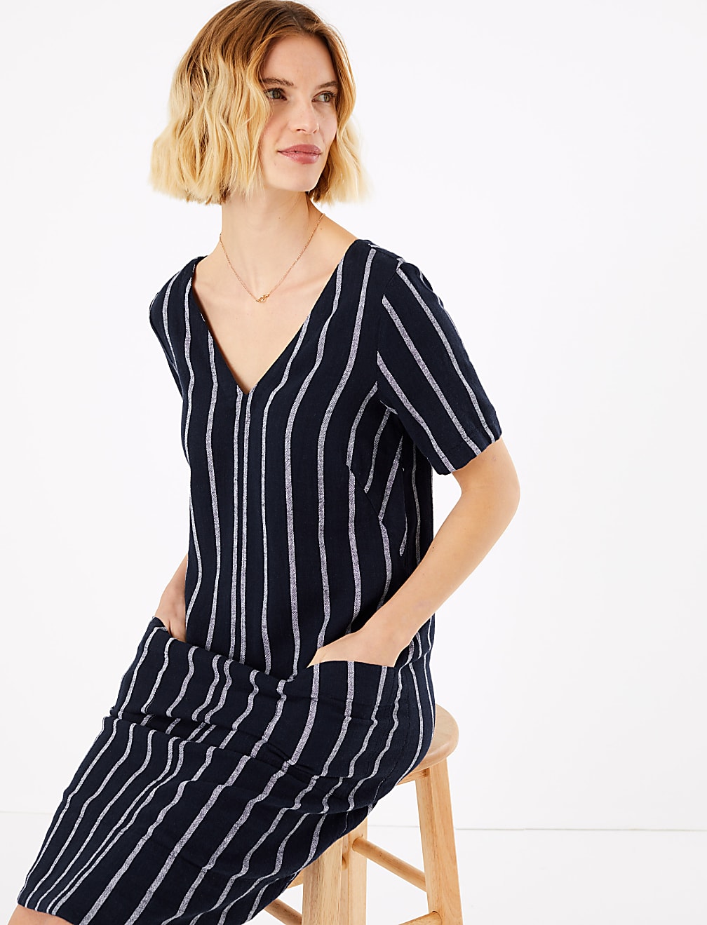 Linen Striped V-Neck Shift Dress