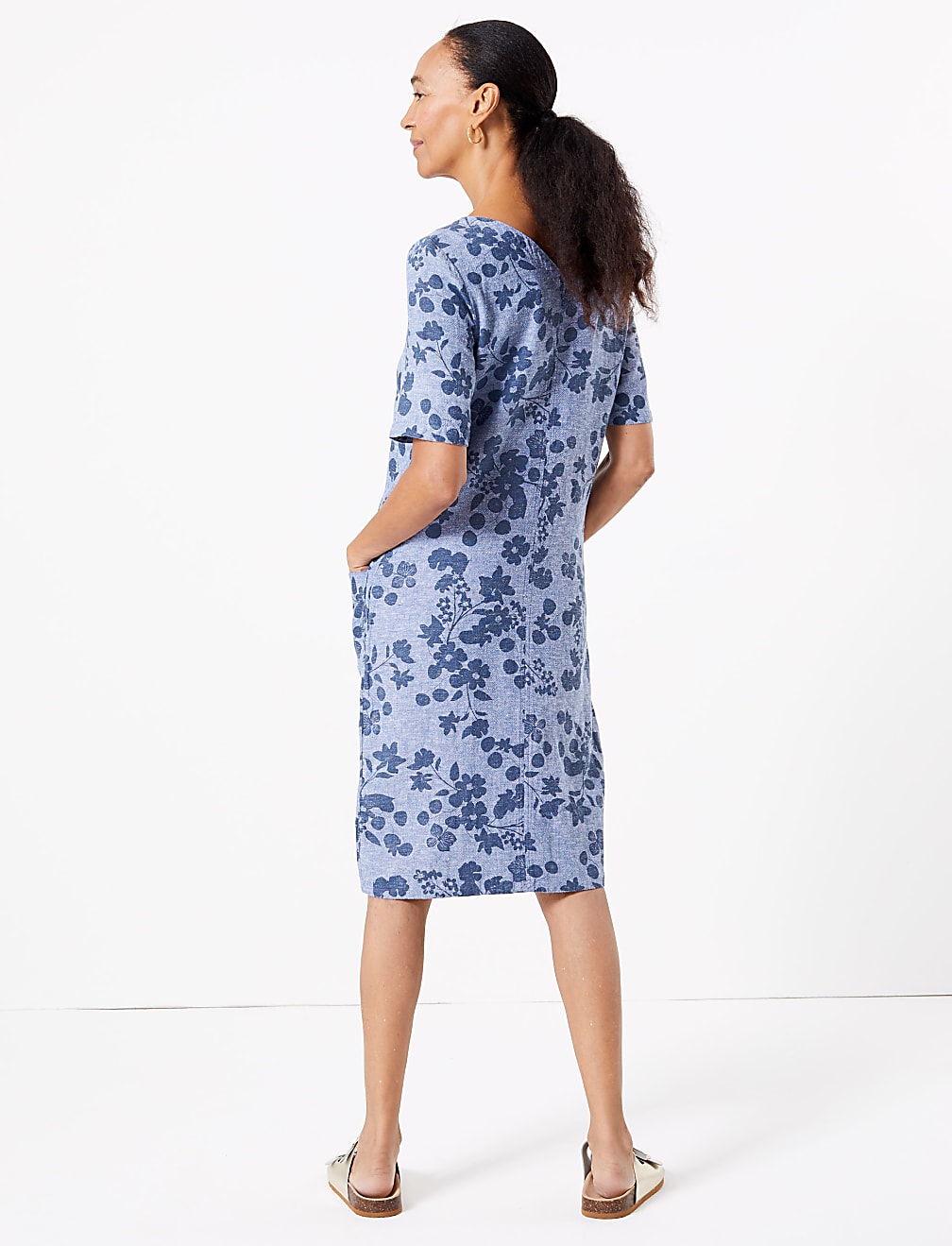Linen Floral V-Neck Shift Dress