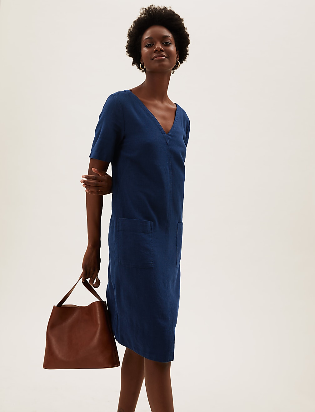 Linen Blend V-Neck Shift Dress