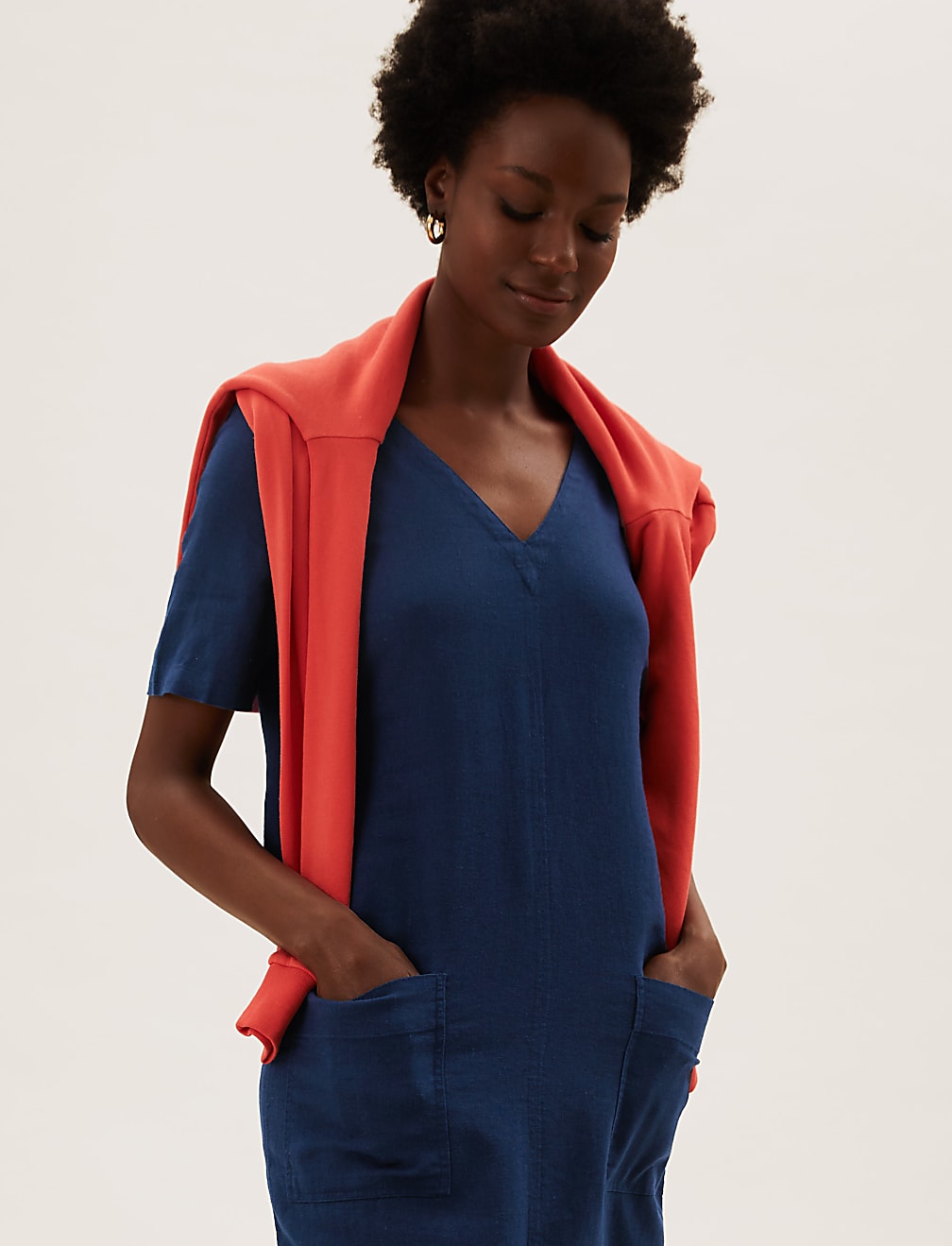 Linen Blend V-Neck Shift Dress