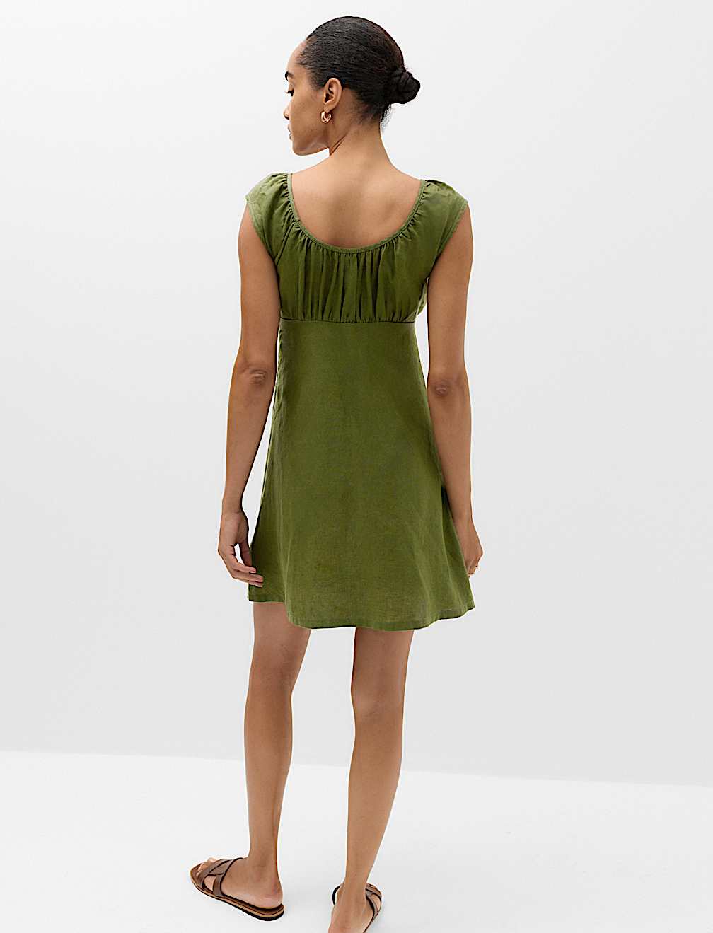 Pure Linen Ruched Mini Waisted Dress